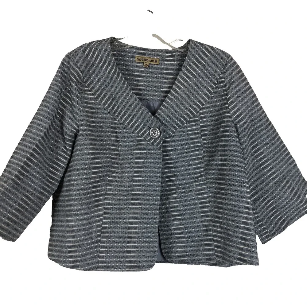 Notations Womens Jacket Medium Gray‎ striped Style #MTPJ0124 3/4 Sleeve Crop Vtg